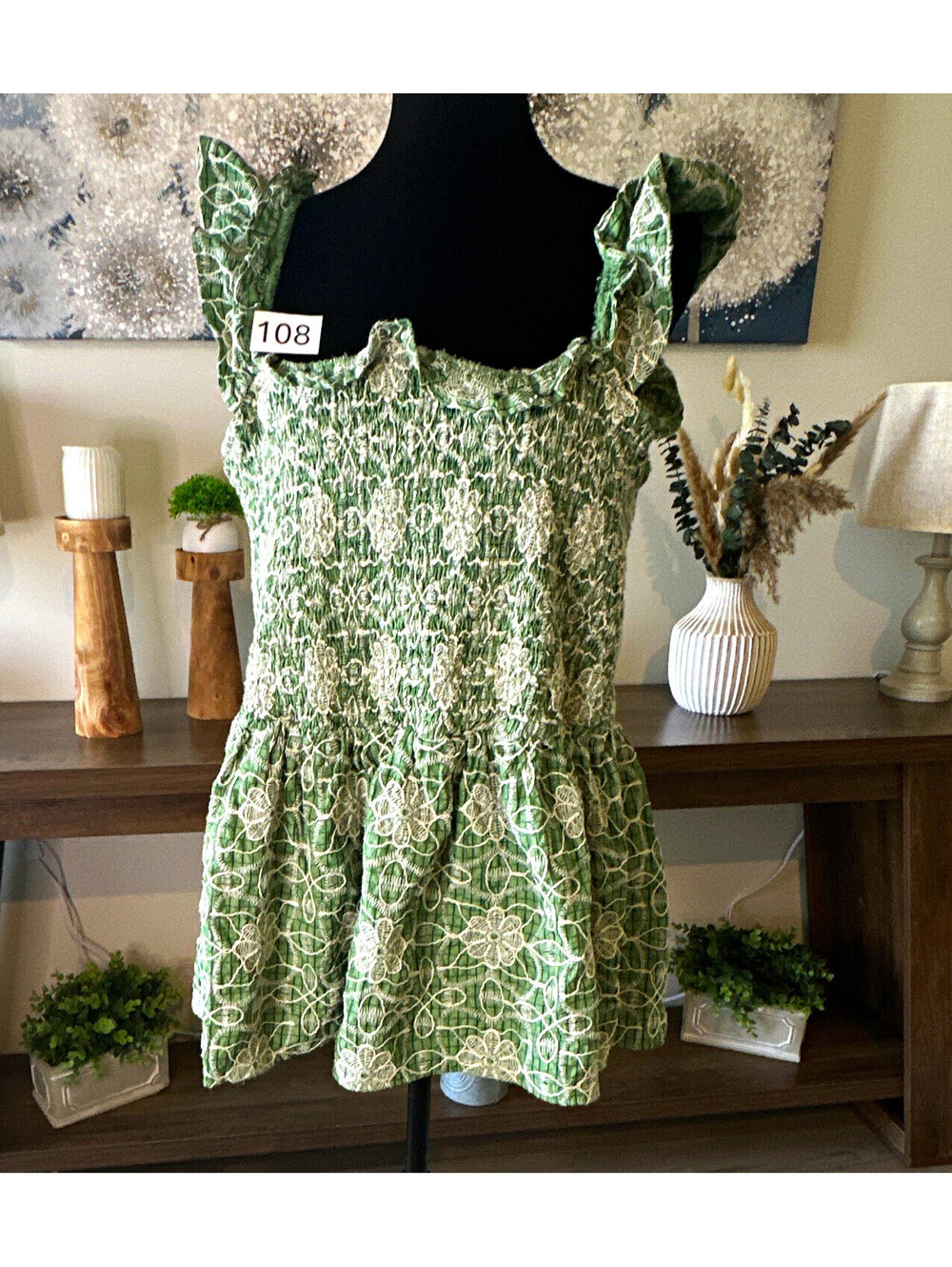Chic Soul Green/White Floral Smocked Ruffle Strap Square Neck Romper 2X